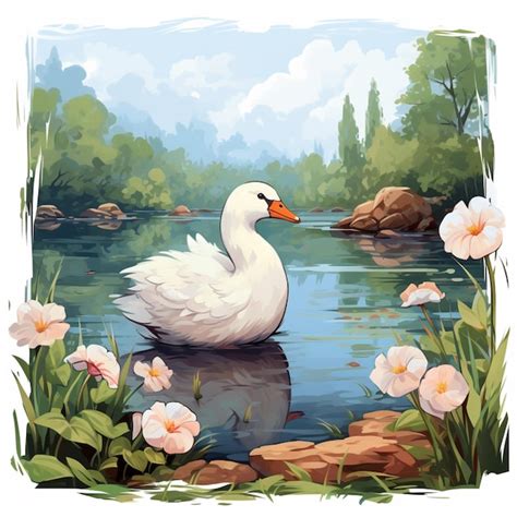 Premium Photo Painting Of A White Swan Floating In A Lake Surrounded