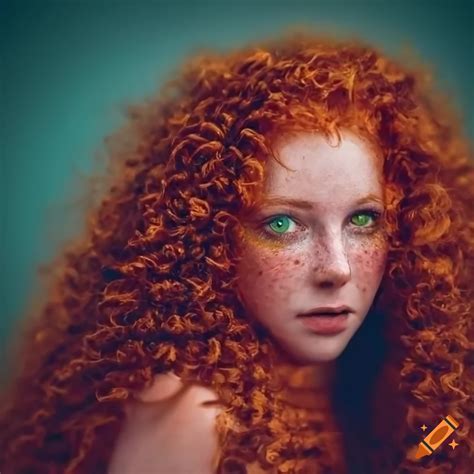 Portrait Of A Beautiful Red Haired Woman With Green Eyes Freckles