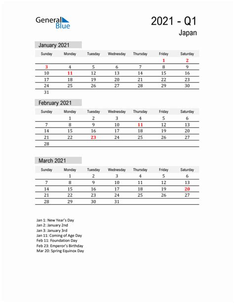 Q1 2021 Quarterly Calendar With Japan Holidays Pdf Excel Word