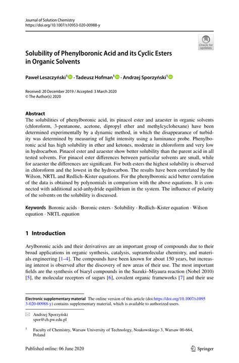 (PDF) Solubility of Phenylboronic Acid and its Cyclic Esters in Organic ...