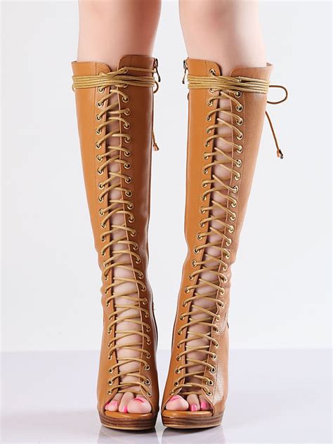 Brown Tie Up Knee High Stack Heeled Gladiator Sandals