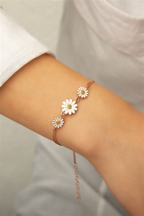 Three Daisy Flowers Braceletrose Gold Plated925 Sterling Etsy