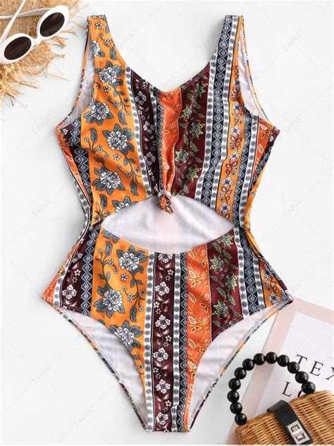 [59 Off] 2021 Zaful Knot Bohemian Cutout One Piece Swimsuit In Multi A