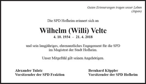 Traueranzeigen Von Wilhelm Velte Vrm Trauer De