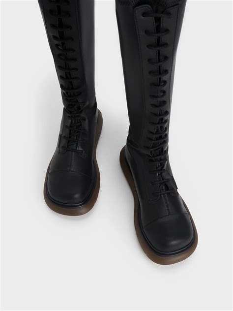 Gum Sole Lace Up Knee High Boots Black Shopperboard