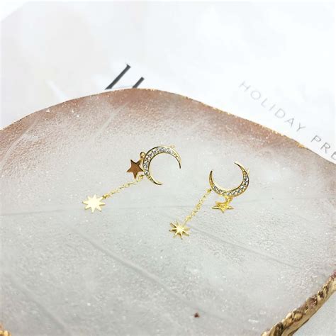 18k Gold Plated 925 Sterling Silver Moon And Star Dangle Stud Etsy