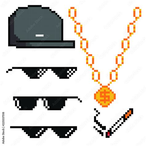 Boss or gangster pixelated sunglasses, gold chain, cap and cigarette ...