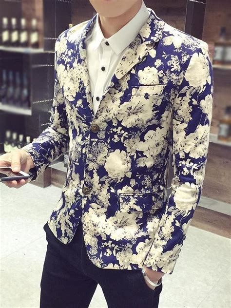 Ericdress Notched Lapel Floral Print Vogue Slim Mens Jacket Mens