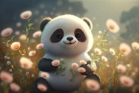 Ursinho Panda De Desenho Animado Fofinho Sentado No Prado De Flores