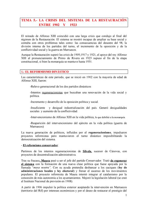 Tema 5 La Crisis Del Sistema De La Restauraci N Entre 1902 Y 1923