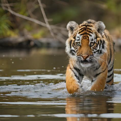 Premium Photo | A tiger cub is swimming in the water