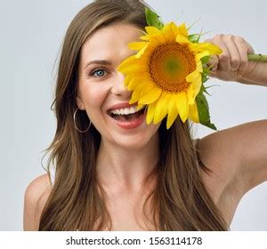 Smiling Woman Nude Shoulders Holding One Stock Photo 1563114178