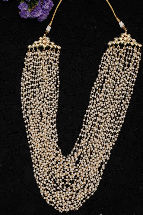 Gold Finish Kundan Polki And Pearl Layered Long Necklace By Ruby Raang At