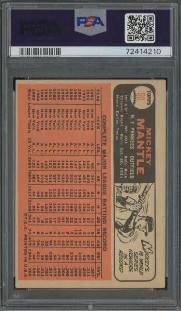 1966 TOPPS 50 Mickey Mantle HOF New York Yankees PSA 4 VG EX EUR 99 00