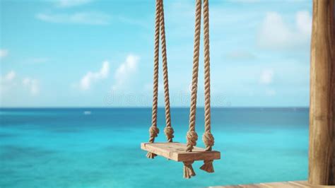 A Rustic Wooden Swing On Ropes Against A Tropical Teal Blue Ocean