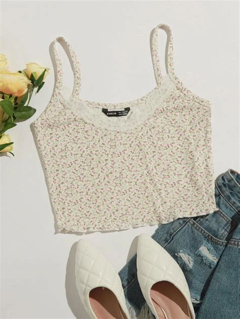 Ditsy Floral Lace Insert Lettuce Trim Cami Top Shein Usa In 2021