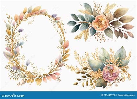 About Watercolor Floral Golden Wreath Clipart Graphic Isolated On