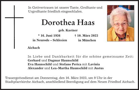 Traueranzeigen Von Dorothea Haas Augsburger Allgemeine Zeitung