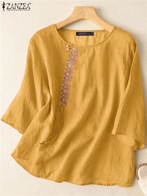 Zanzea Fashion Floral Embroidery Shirt Summer 3 4 Sleeve O Neck Tunic