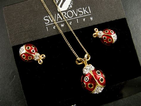 SIGNED SWAROVSKI PAVE CRYSTAL LADYBUG NECKLACE PIERCED EARRING SET