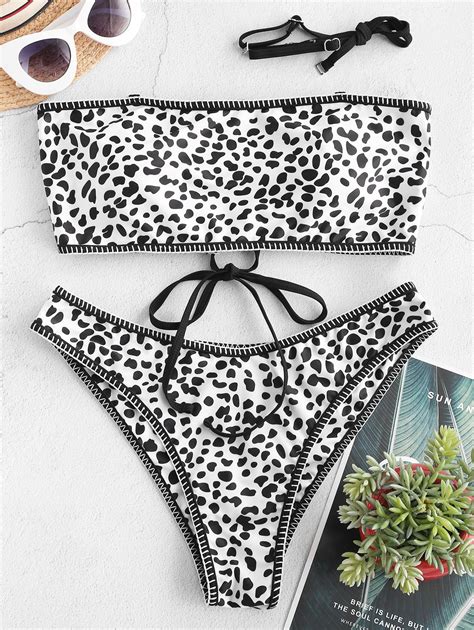 ZAFUL Whip Stitch Lace Up Leopard Dalmatians Snake Print Bikini