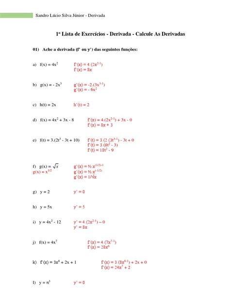 1º Lista De Exercícios Derivada Calcule As Derivadas Pdf