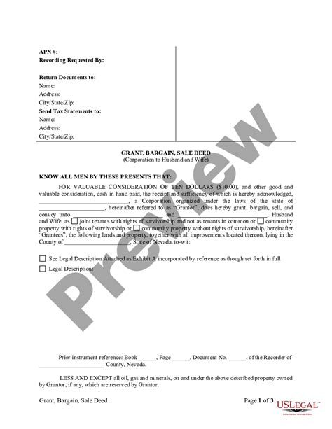 Nevada Grant Bargain Sale Deed From Corporation To Husband And Wife