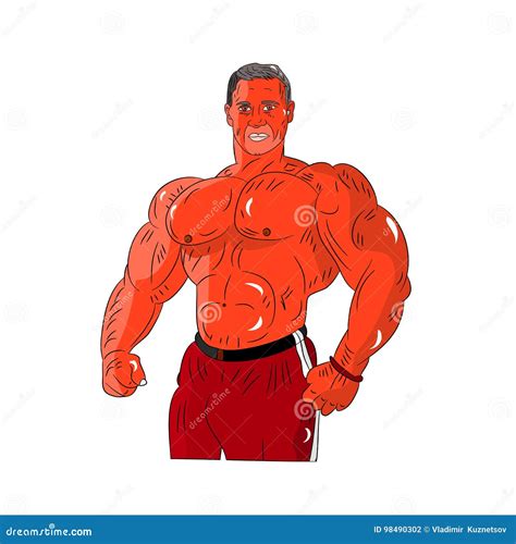 Male Bodybuilder Of Orange Style Strong Muscles Cartoon On White