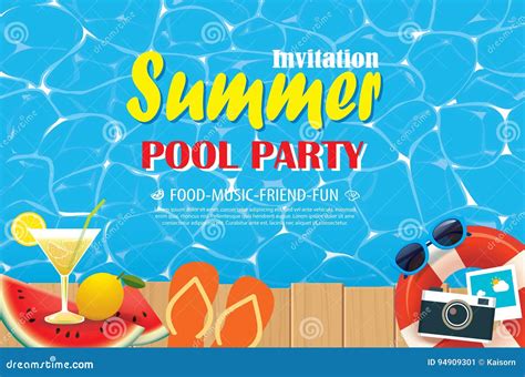 Pool Party Invitation Poster With Blue Water And Wooden Vector Stock