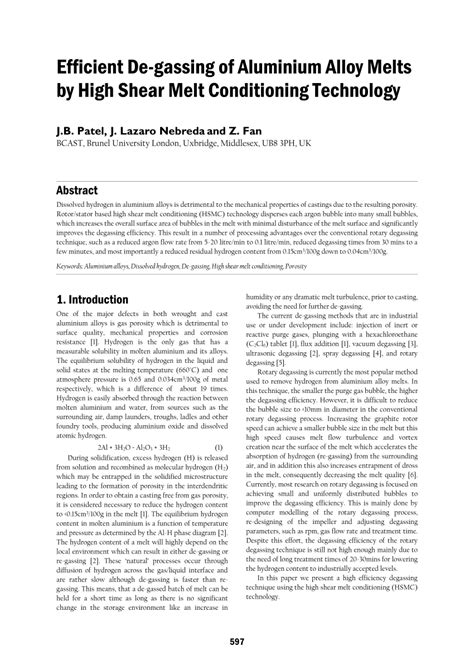 Pdf Efficient De Gassing Of Aluminium Alloy Melts By High Shear Melt Conditioning Technology