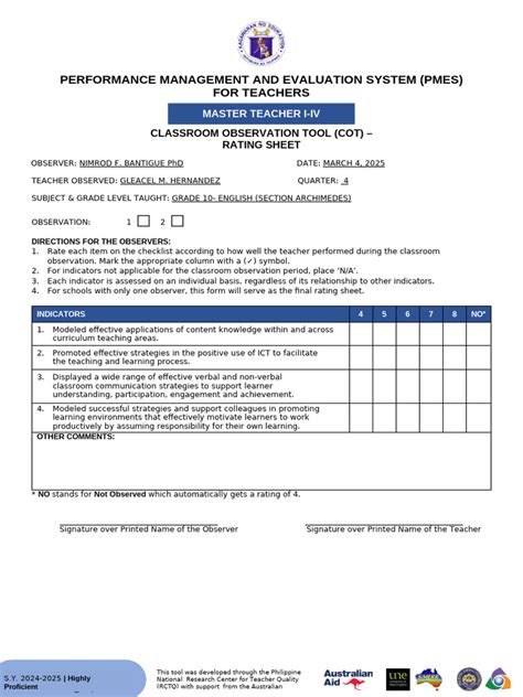 rating sheet  highly proficient teachers  teachers learning