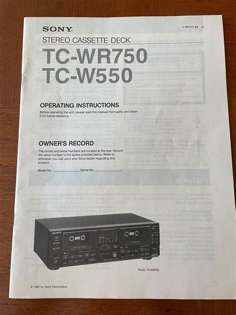 Vintage Sony Cassette Deck Tc Wr750w550 Operating Instructions Manual