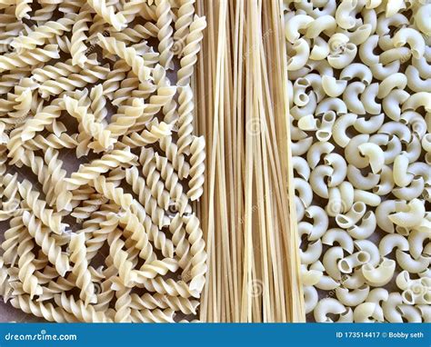 Top View Of Uncooked Spaghetti Spiral Elbow Macaroni Pasta Stock Image Image Of Indoor