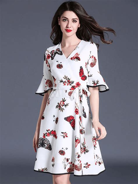 White Skater Dress Floral Print Bell Sleeve V Neck Womens Summer Wrap