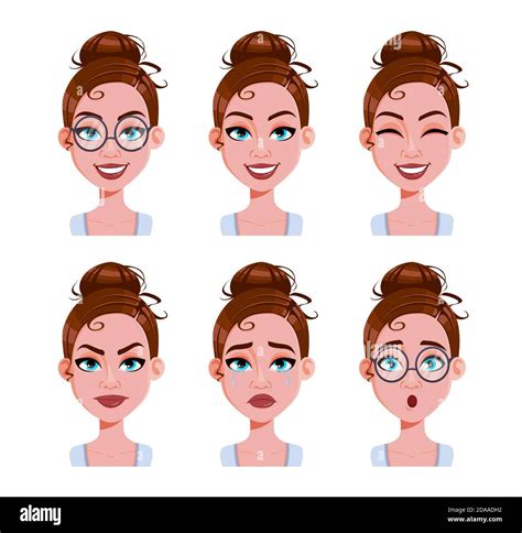 Stock Vector Face Expressions Of Woman With Brown Hair Different