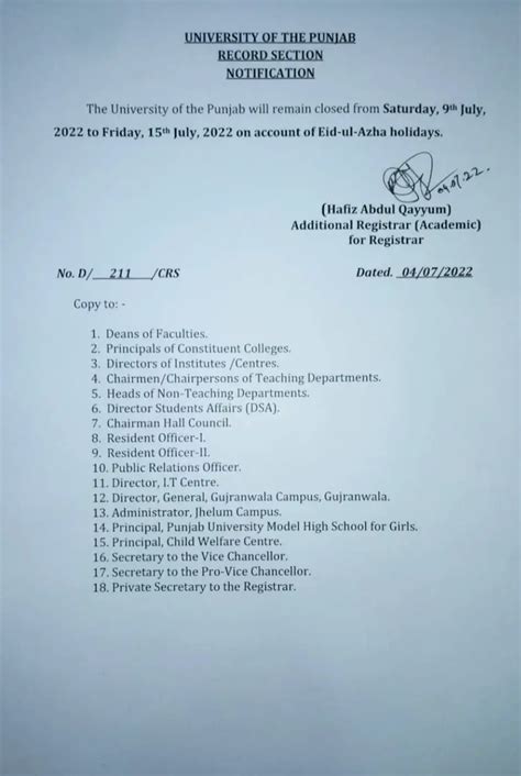 Notification Of Eid Ul Azha Holidays Wef 09 07 2022 To 17 07 2022 Pu