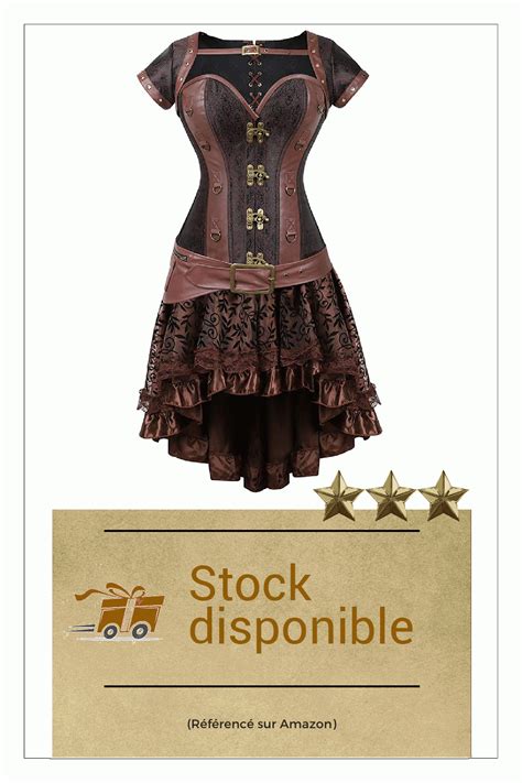 Grebrafan Steampunk Corset Femme Acier en Cuir et Jupe Asymétrique en