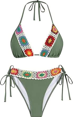 Amazon ZAFUL Women S Halter Triangle Bikini Set Crochet Boho Floral Swimsuit Cut Out Tie