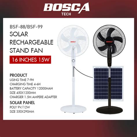 BOSCA Solar Rechargeable Fan 16 Inches 15W Stand Fan Floor Fan BSF 88