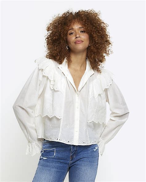 Cream Embroidered Frill Blouse River Island