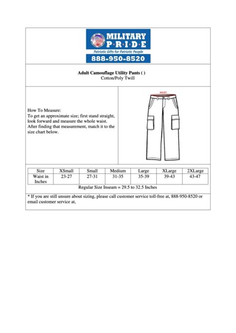 Military Pride Bdu Pants Size Chart printable pdf download