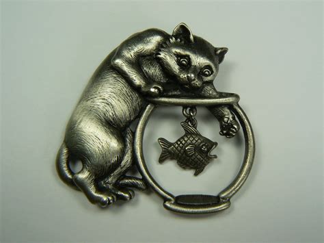 Jj Jonette Jewelry Pewter Cat And Fish In Bowl Pin Brooch Etsy Canada