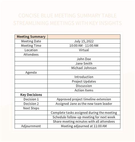 Concise Blue Meeting Summary Table Streamlining Meetings With Key