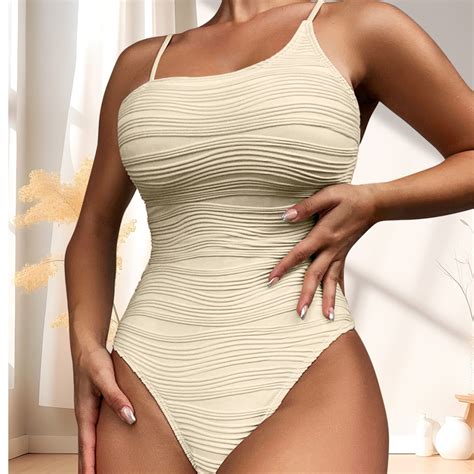 Beige One Piece Swimsuit Women's Strappy Ribbed Monokini 1 Piece