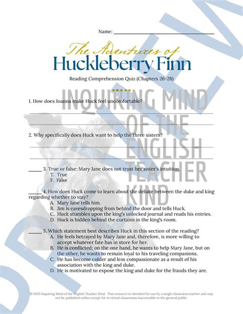 The Adventures of Huckleberry Finn Chapters 26, 27, and 28 Quiz and