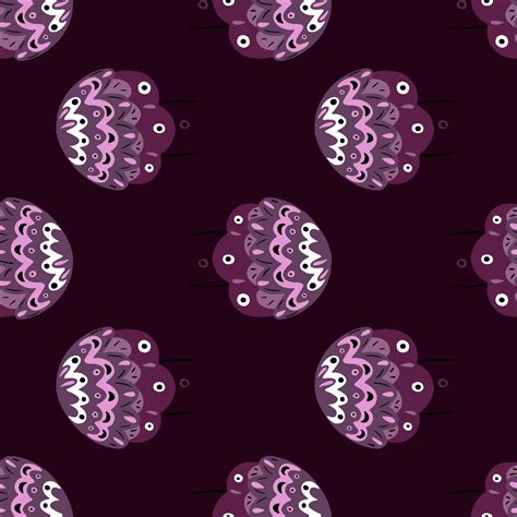 Black creative seamless pattern with folk flowers ornament in purple colors. Black background ...