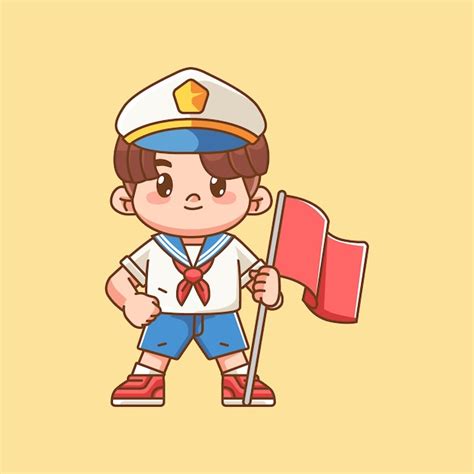 Un garçon mignon porte un uniforme de marin tient le drapeau kawaii