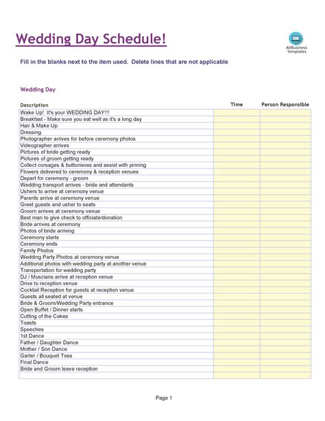 Wedding Itinerary Template Excel