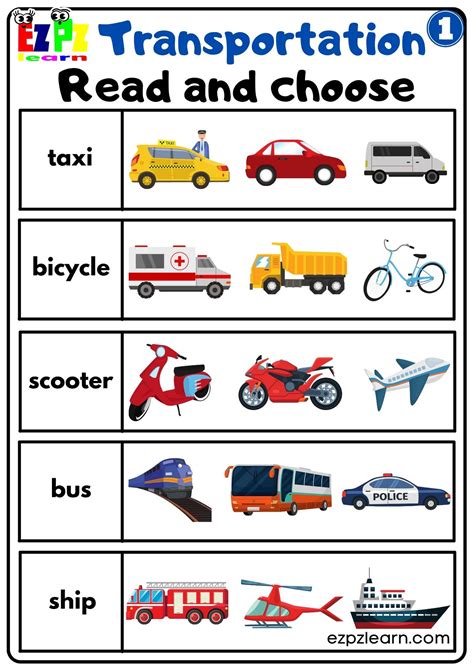 Transportation Vocabulary Read And Choose Worksheet Easy For Kids Free