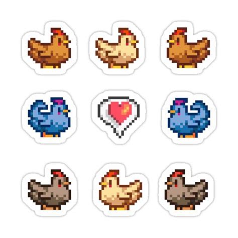 Six Pixel Stickers With Different Types Of Chickens And Birds On Them